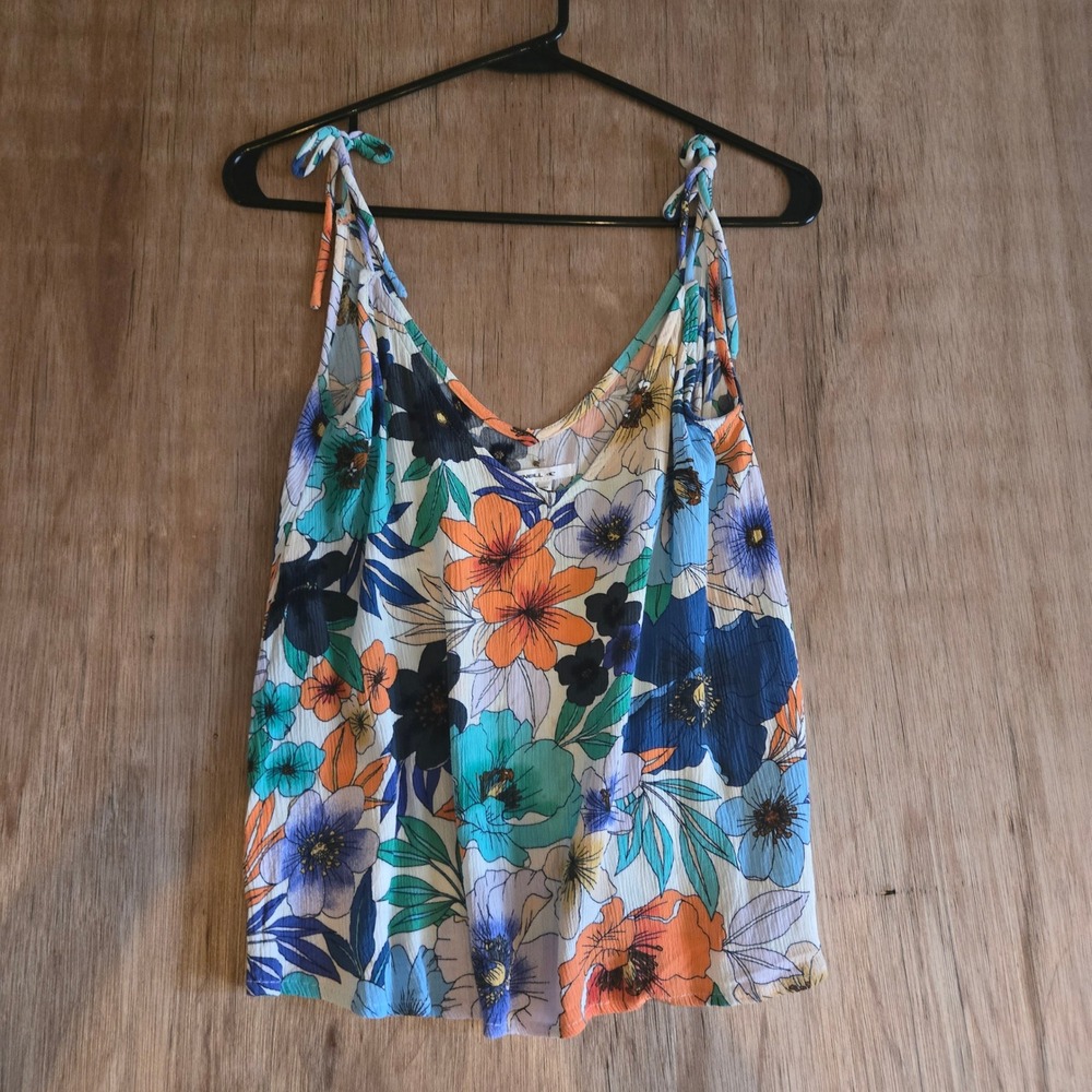 O'Neill Floral Tie Strap Camisole Top Blue Orange Teal Tropical V-Neck Small